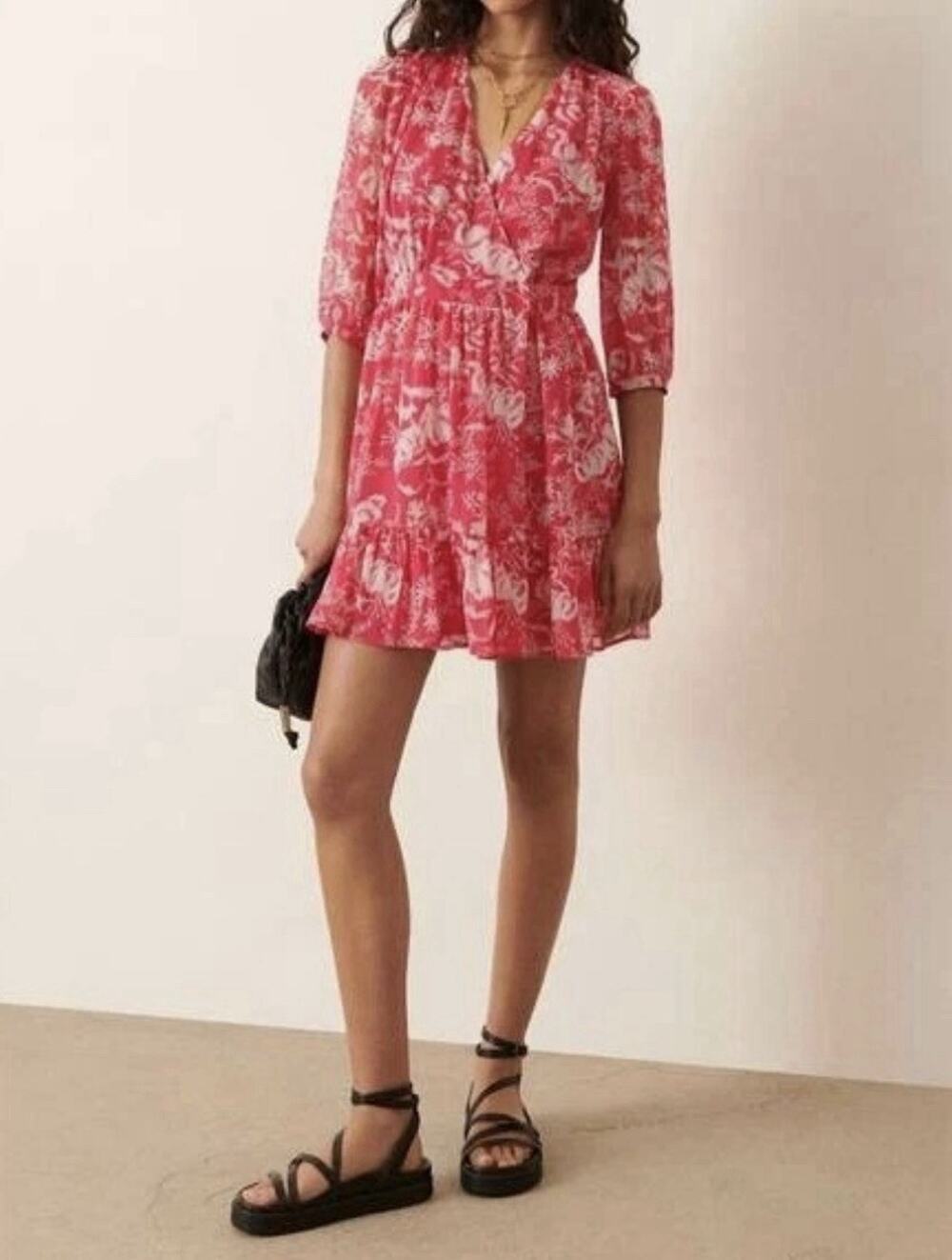 New Ba&sh Ulia Wrap Summer Mini Dress Rose Pink Print Size XS